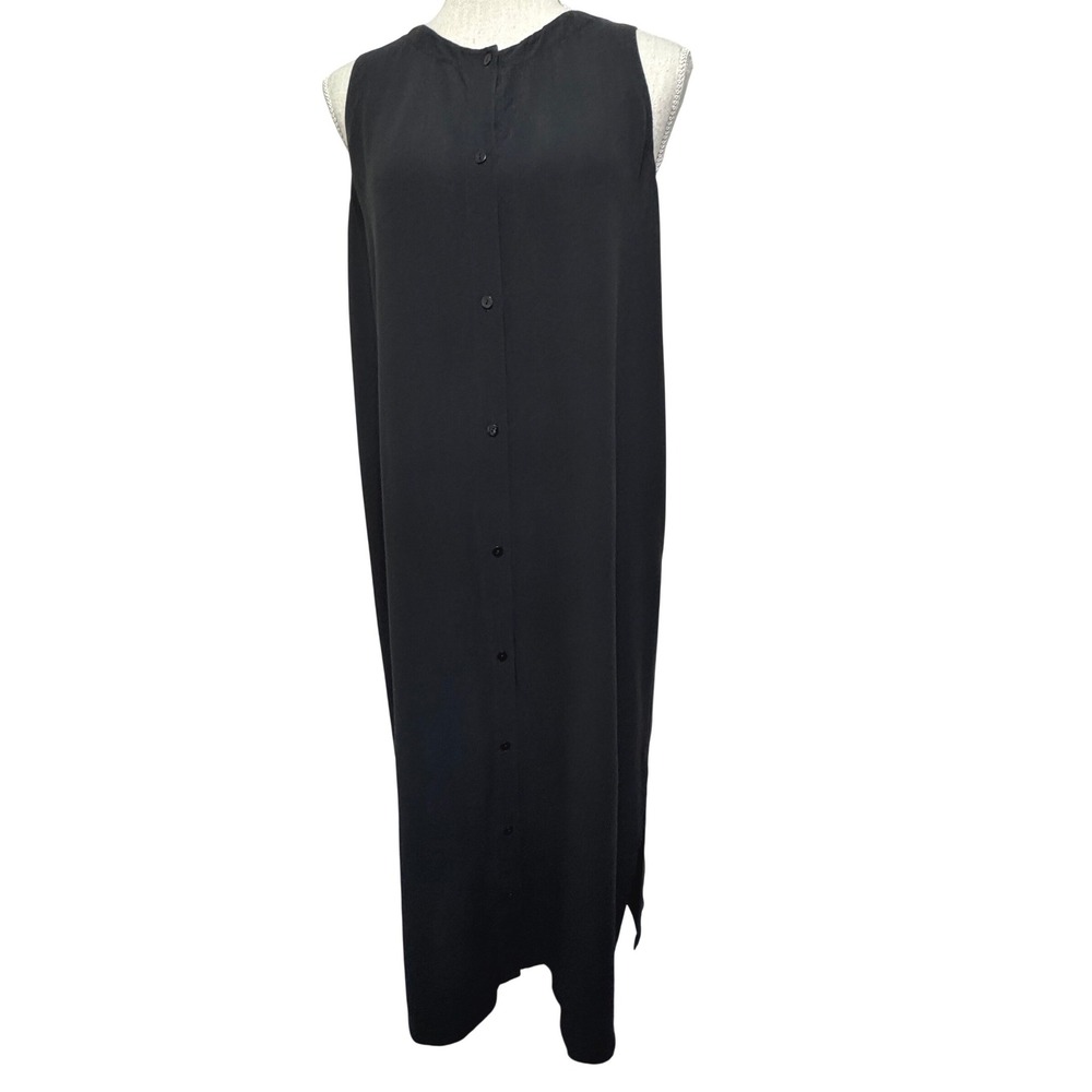 Eileen Fisher Silk Sleeveless Midi Dress Med Black